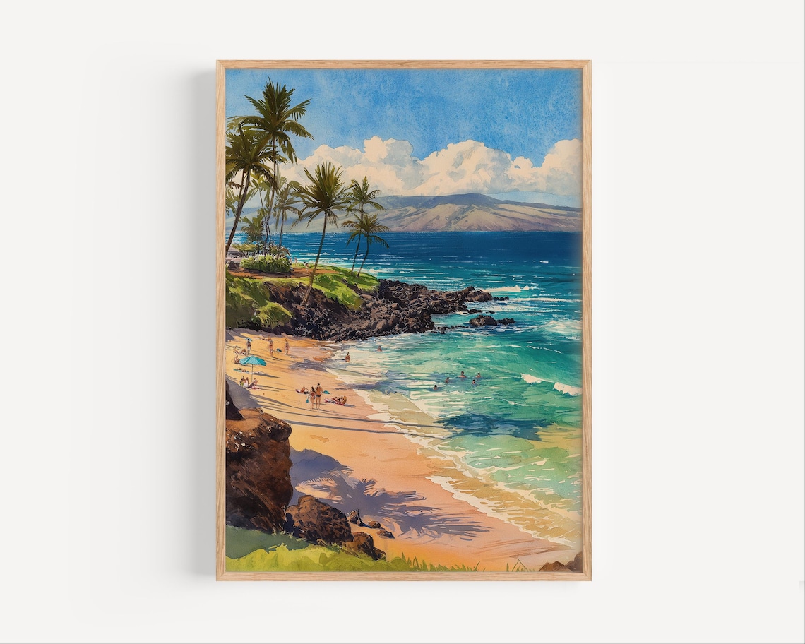 Wailea Beach Maui Watercolor Busy Turquoise Tropical Cove Wall Art