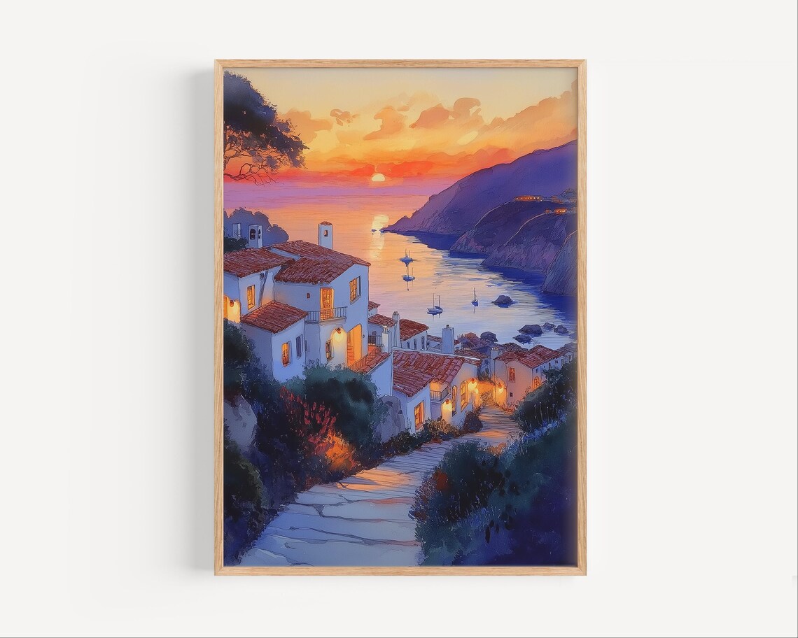 Catalina Island Sunset Village Harbor Sailboats Warm Art Poster