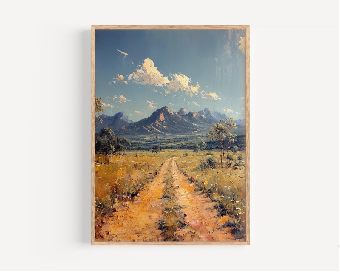 Australian Outback Dirt Road Golden Grassland Mountain Range Oil Poster