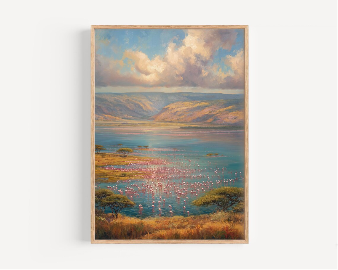Lake Nakuru Kenya Flamingos Oil Painting Safari Wildlife Poster