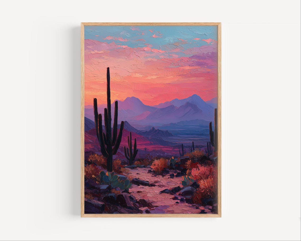 Fiery Desert Sunset with Saguaro Cacti Silhouettes Oil Painting Poster