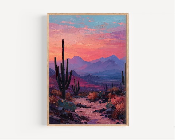 Fiery Desert Sunset with Saguaro Cacti Silhouettes Oil Painting Poster