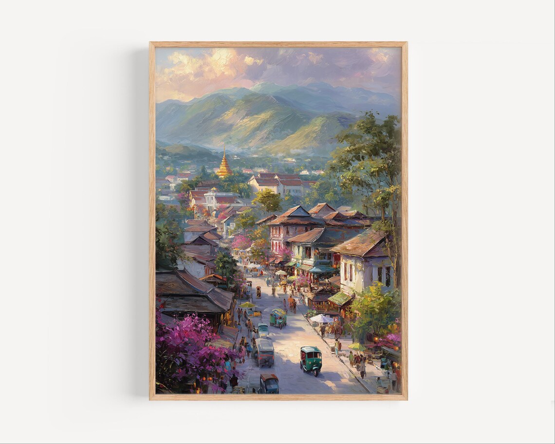 Chiang Mai Thailand Street Oil Painting Temple Mountains Travel Poster