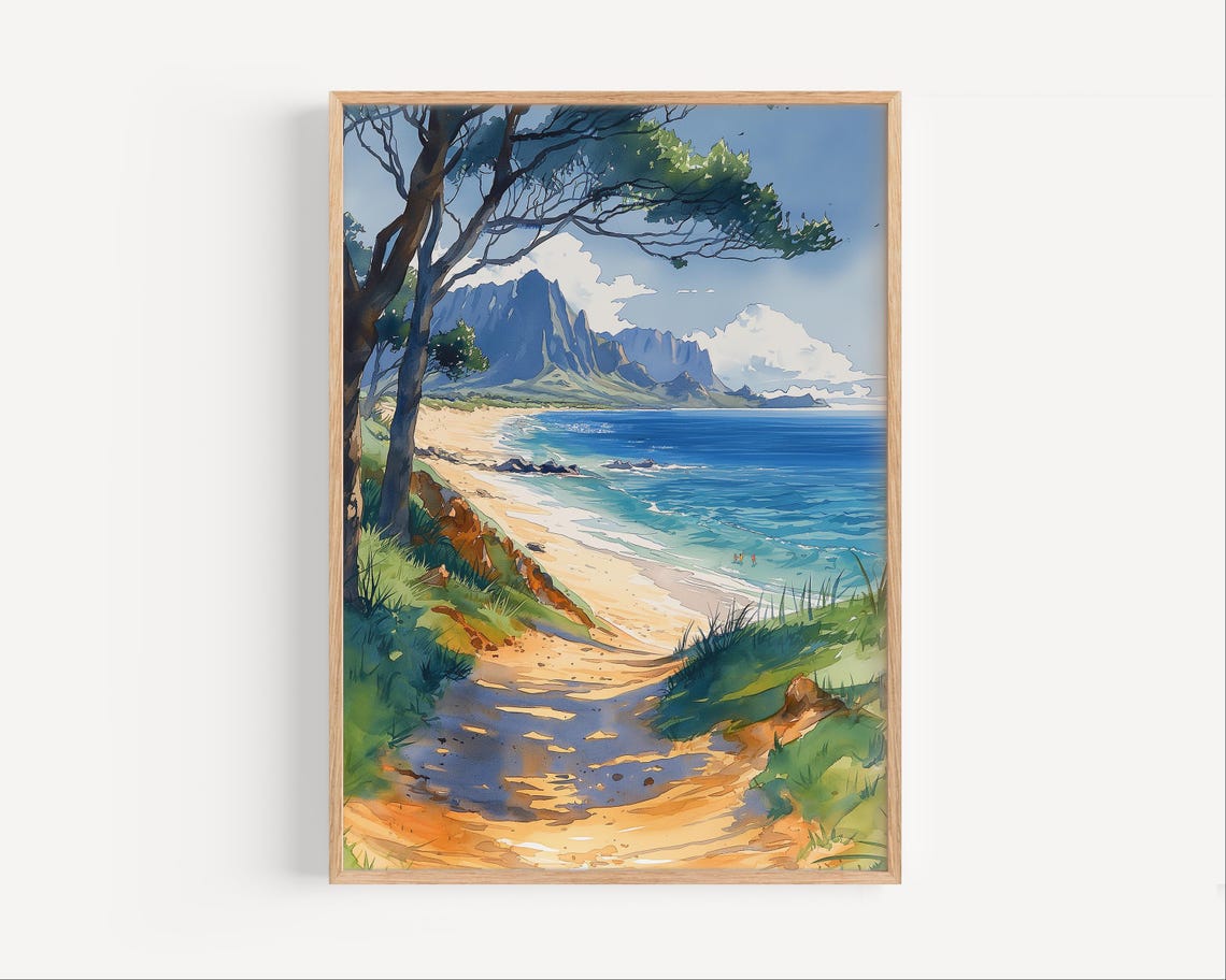 Lanai Hawaii Shaded Beach Path Mountain View Watercolor Poster