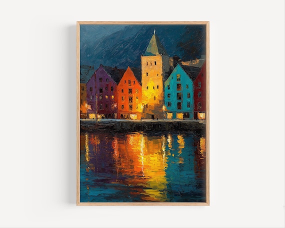Norway Waterfront Night Colorful Houses Harbor Reflection Oil Poster