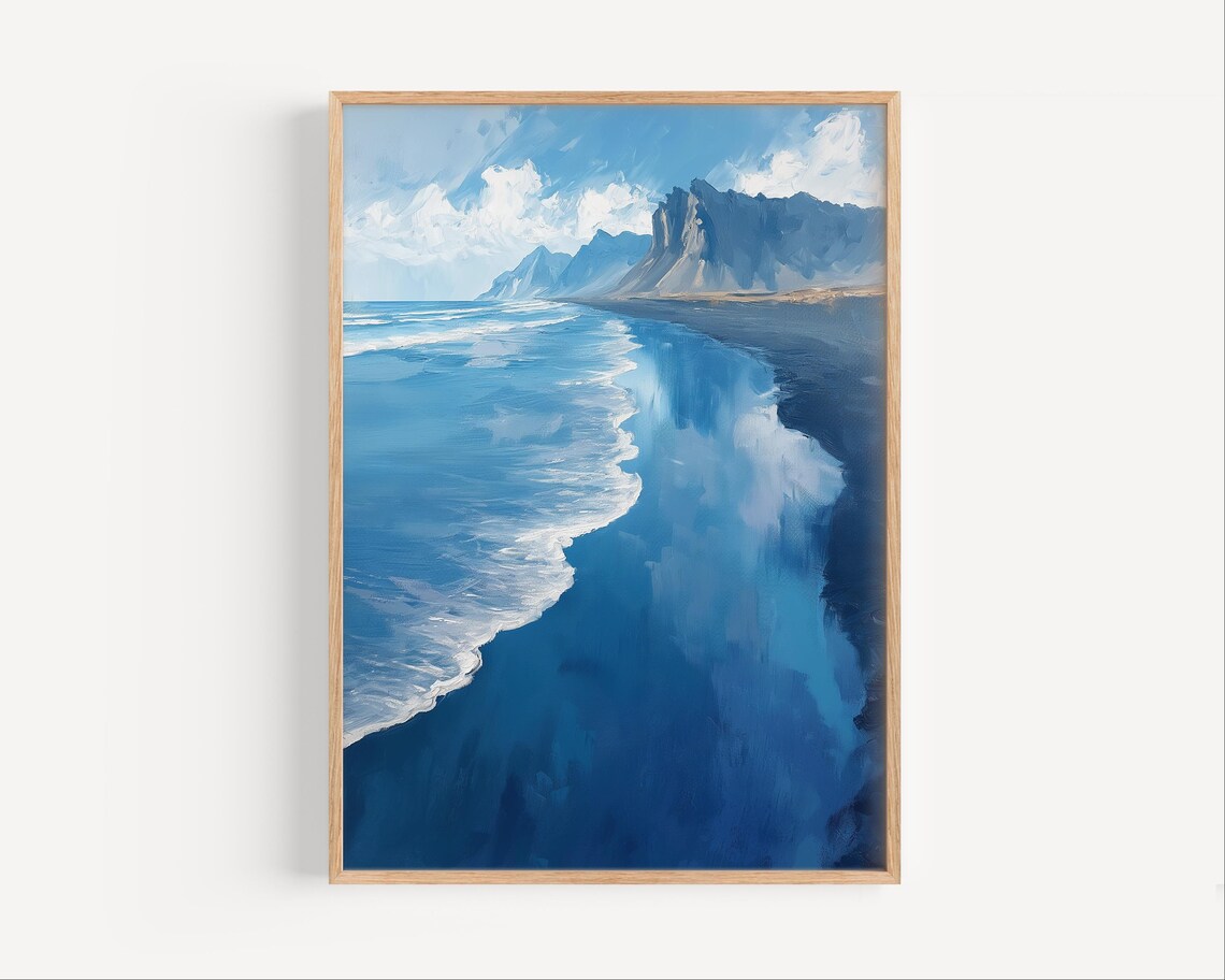 Stokksnes Iceland Black Sand Beach Mountain Oil Painting Poster