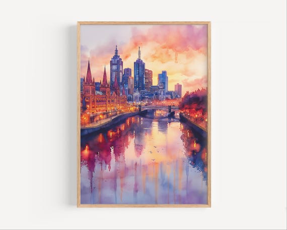 Melbourne Australia Sunset Watercolor Painting Gicle Print Yarra River Victoria Travel Poster Or Canvas Oceania World Wall Art Gift