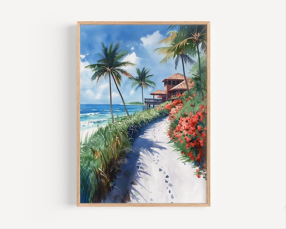 Tropical Beach Path Watercolor Palm Trees Coastal Cottage Poster