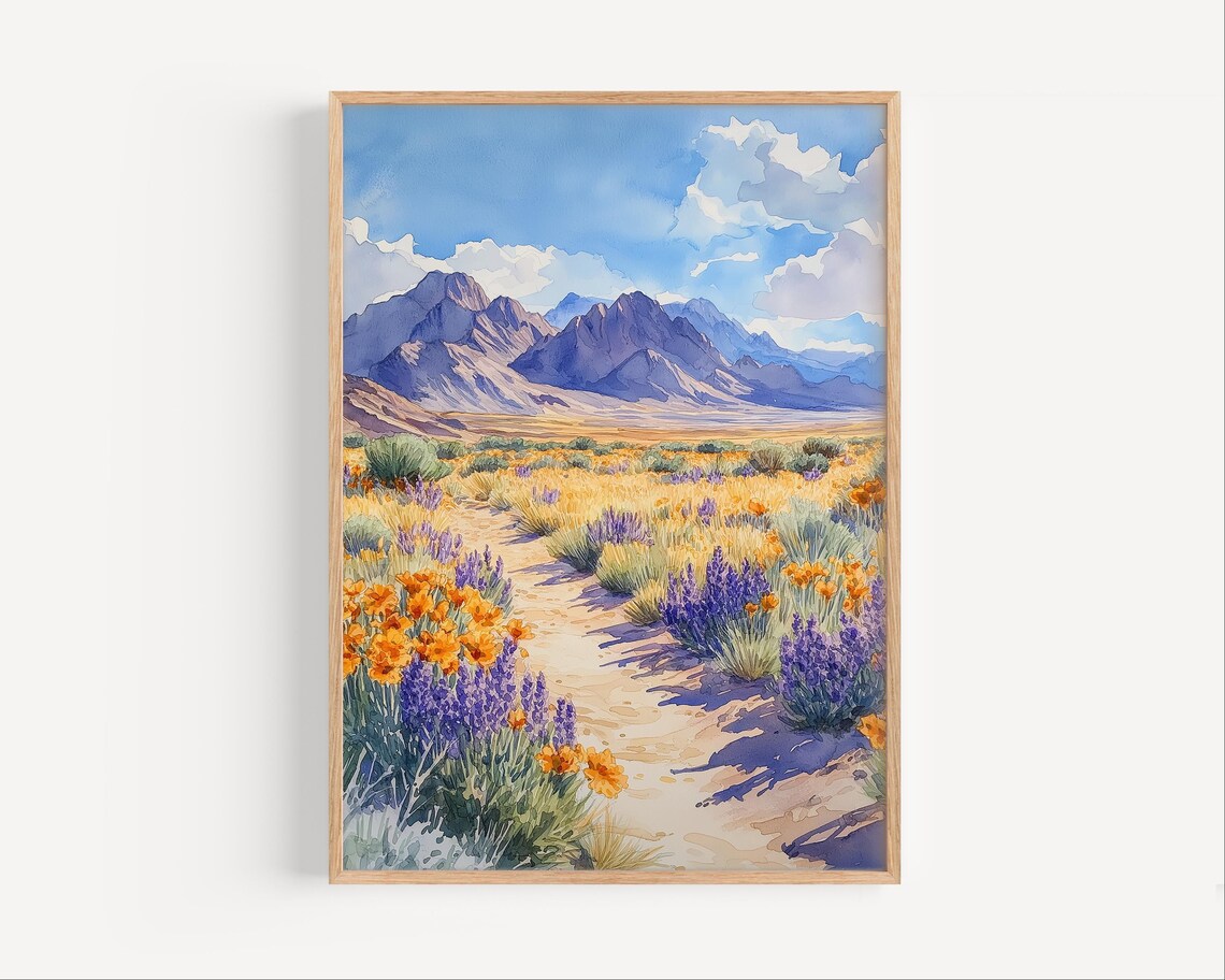 Nevada Watercolor Travel Poster, Desert Wildflowers