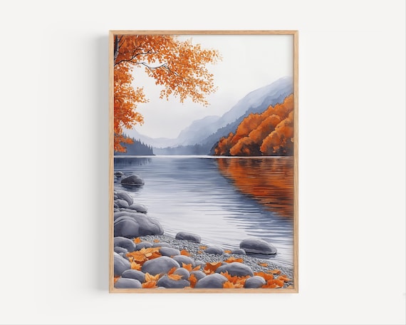 Autumn Maple Lake Watercolor with Orange Leaves and Mountains Poster