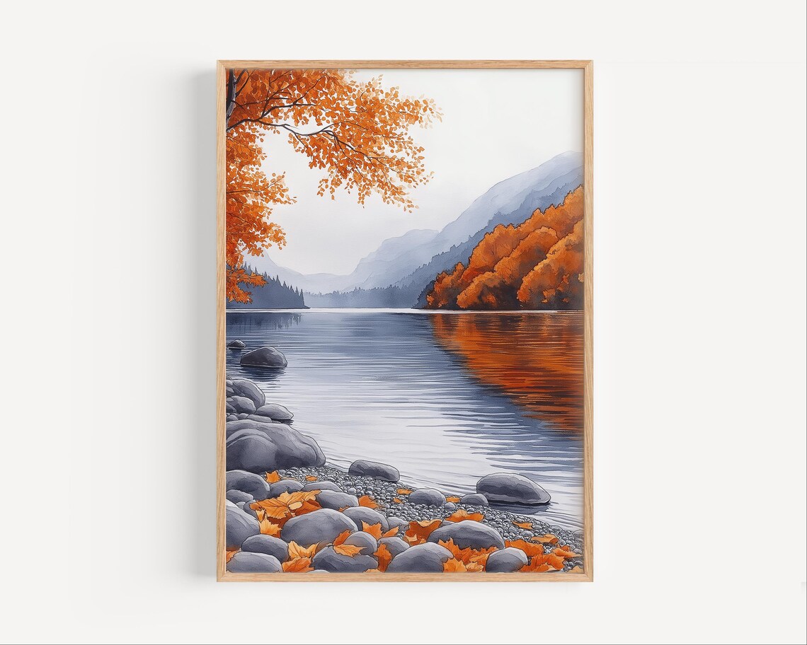 Autumn Maple Lake Watercolor with Orange Leaves and Mountains Poster