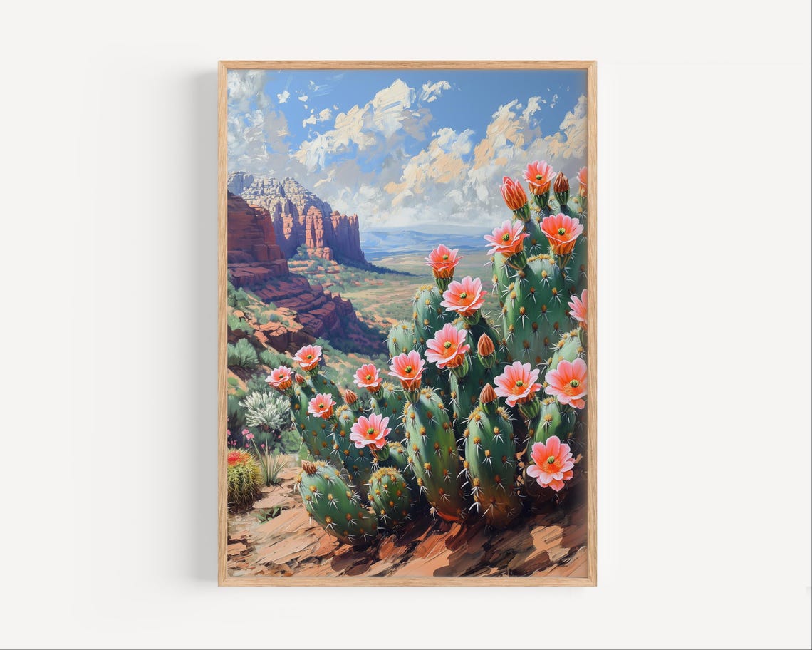 Vibrant Pink Blooming Hedgehog Cactus Sedona Red Rocks Desert Poster