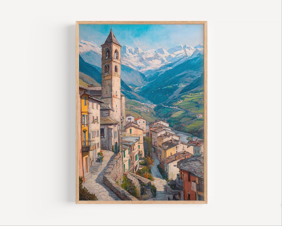 Sondrio Italy Alpine Village Bell Tower Snow Mountain Oil Poster