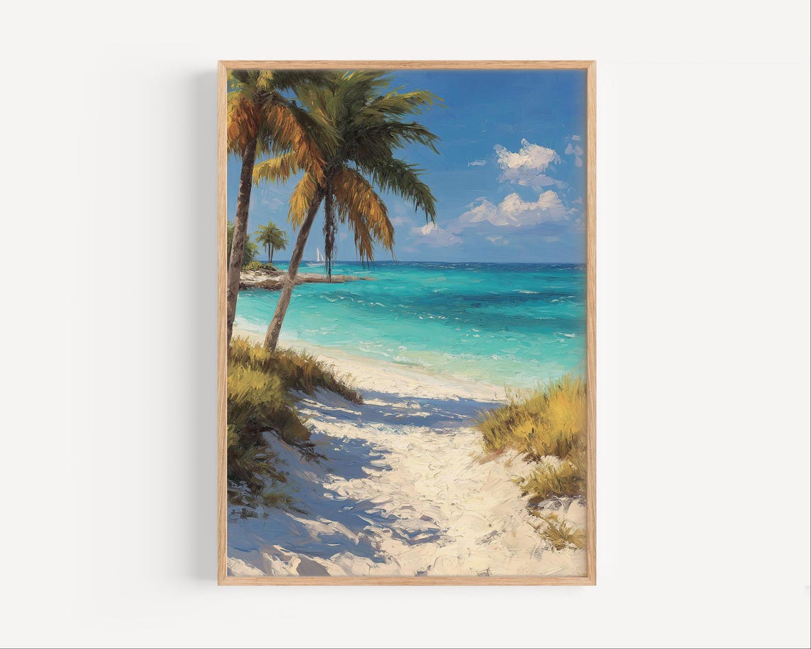 Tropical Beach Path with Palm Trees and Sailboat Sunny Art Poster