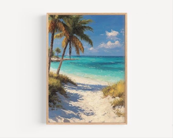Tropical Beach Path with Palm Trees and Sailboat Sunny Art Poster
