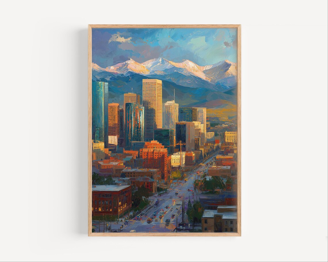 City Skyline Snowy Mountains Golden Hour Downtown Aerial Poster