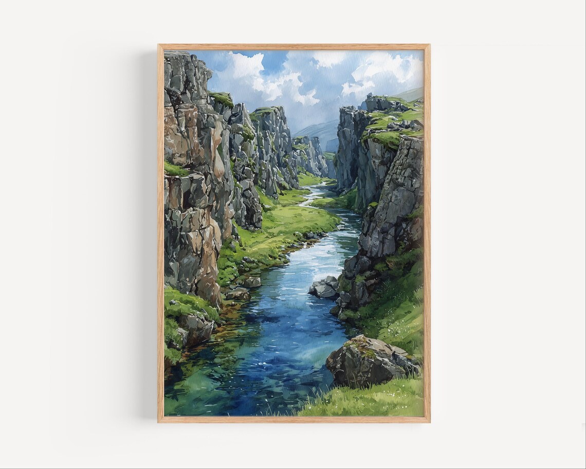 Thingvellir Iceland River Canyon Watercolor Painting Travel Poster