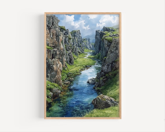 Thingvellir Iceland River Canyon Watercolor Painting Travel Poster