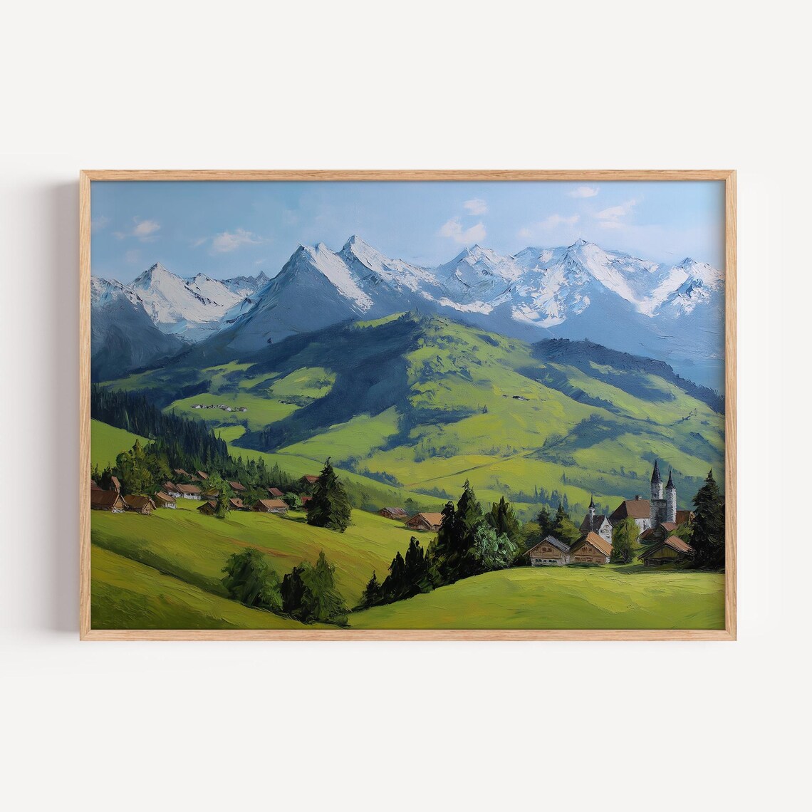 Alpine Mountain Village Church Green Valley Oil Painting Print