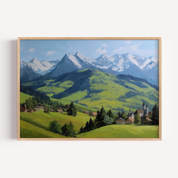 Alpine Mountain Village Church Green Valley Oil Painting Print