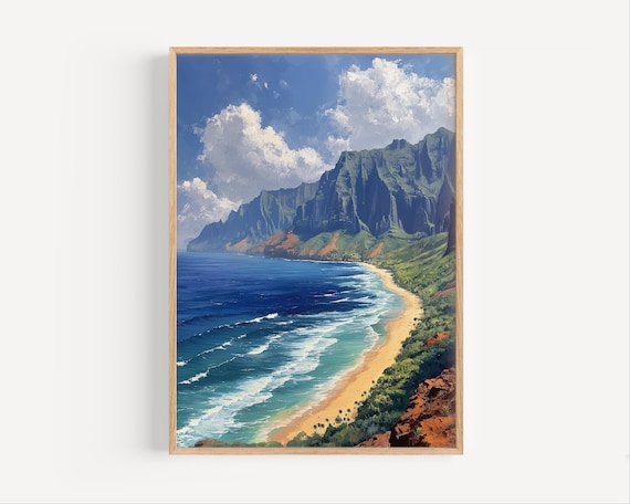 Na Pali Coast Hawaii Oil Painting Dramatic Cliffs Beach Poster