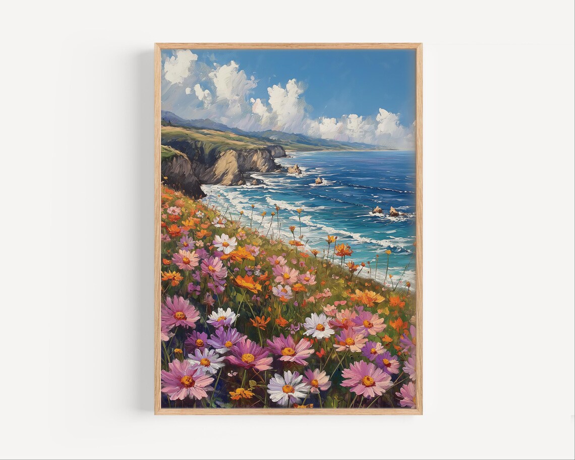 Big Sur California Wildflower Meadow Ocean Cliffs Oil Painting Poster