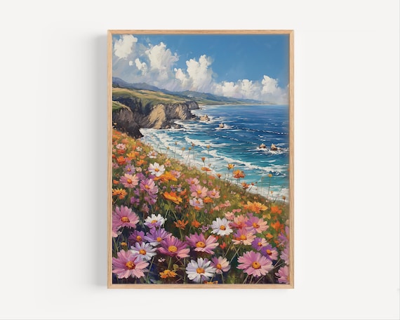 Big Sur California Wildflower Meadow Ocean Cliffs Oil Painting Poster