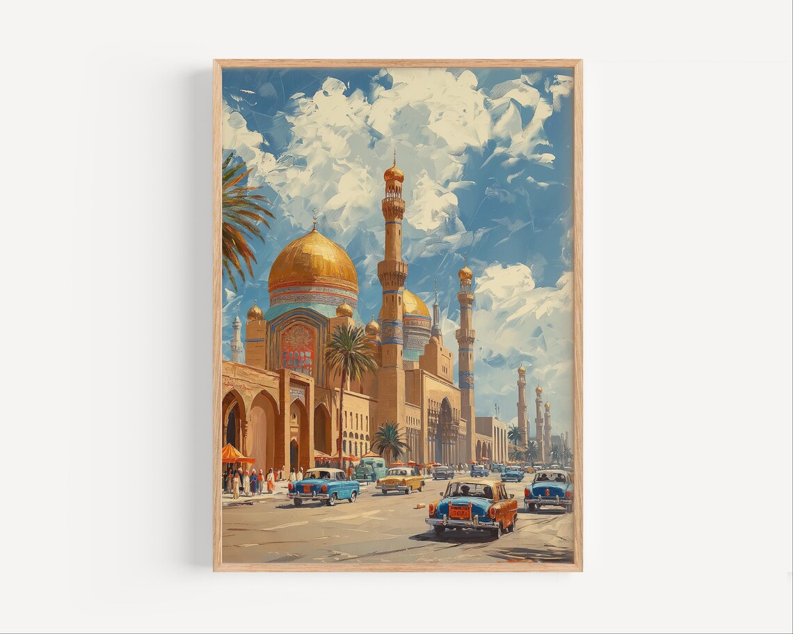 Baghdad Golden Mosque Street Vintage Cars Oil Painting Poster