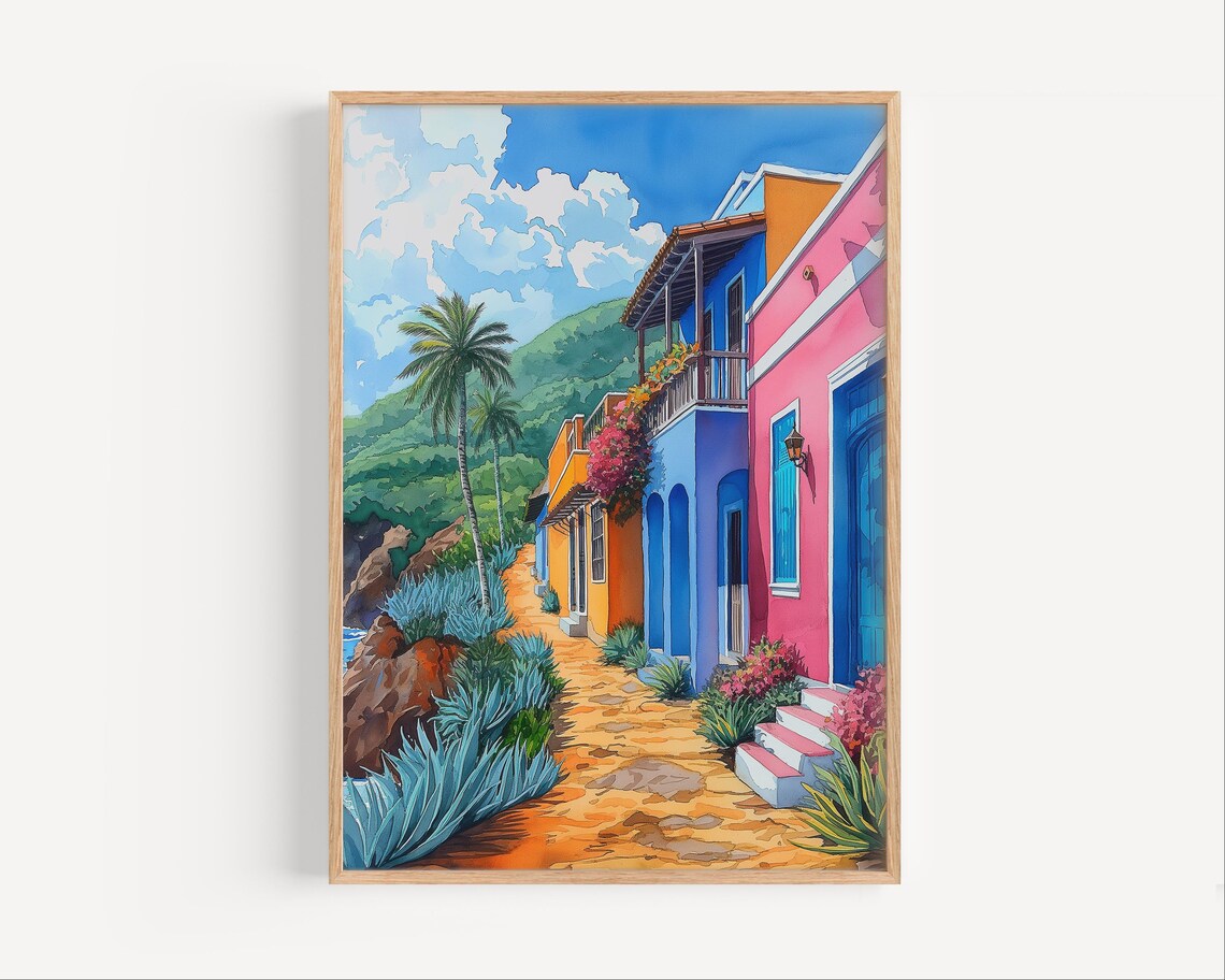 Ponce Puerto Rico Colorful Coastal Street Palm Watercolor Poster