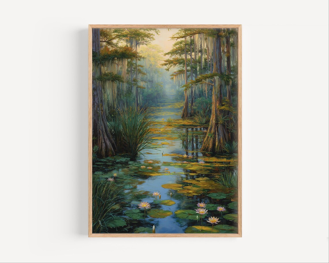 Cypress Swamp Water Lilies Peaceful Wetland Scene Painting Poster