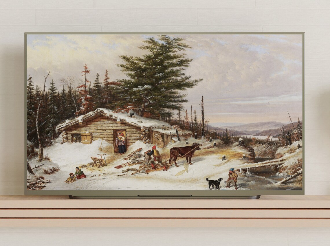 Snowy Log Cabin Winter Forest Family Dogs Vintage Rustic Scene Poster - Image 3