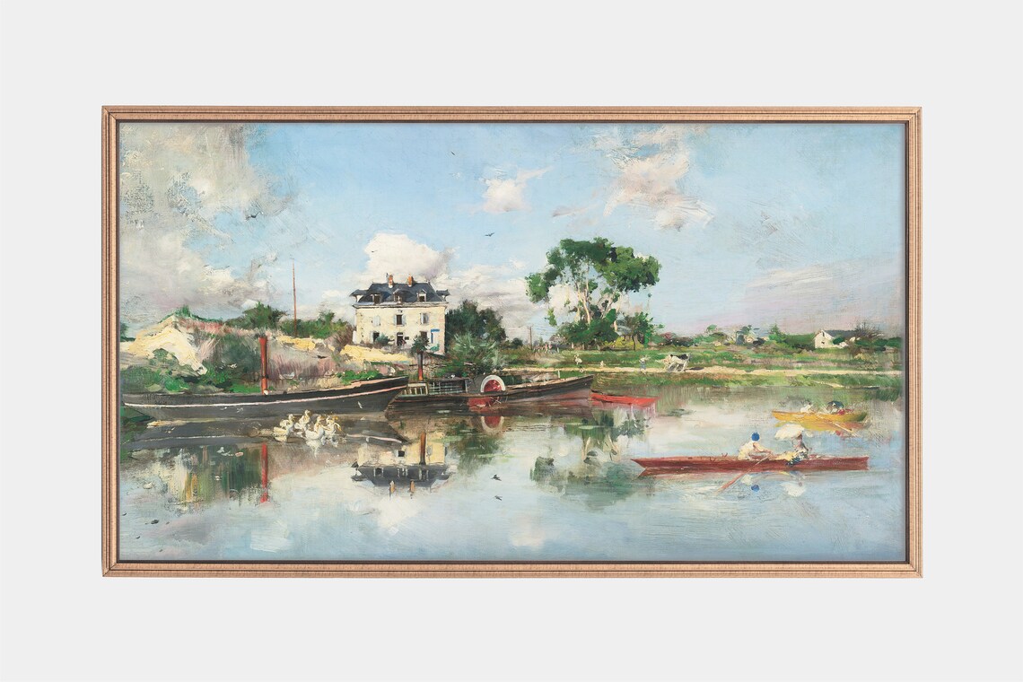 Riverside Barges Moored By White House Rowboats Vintage River Poster