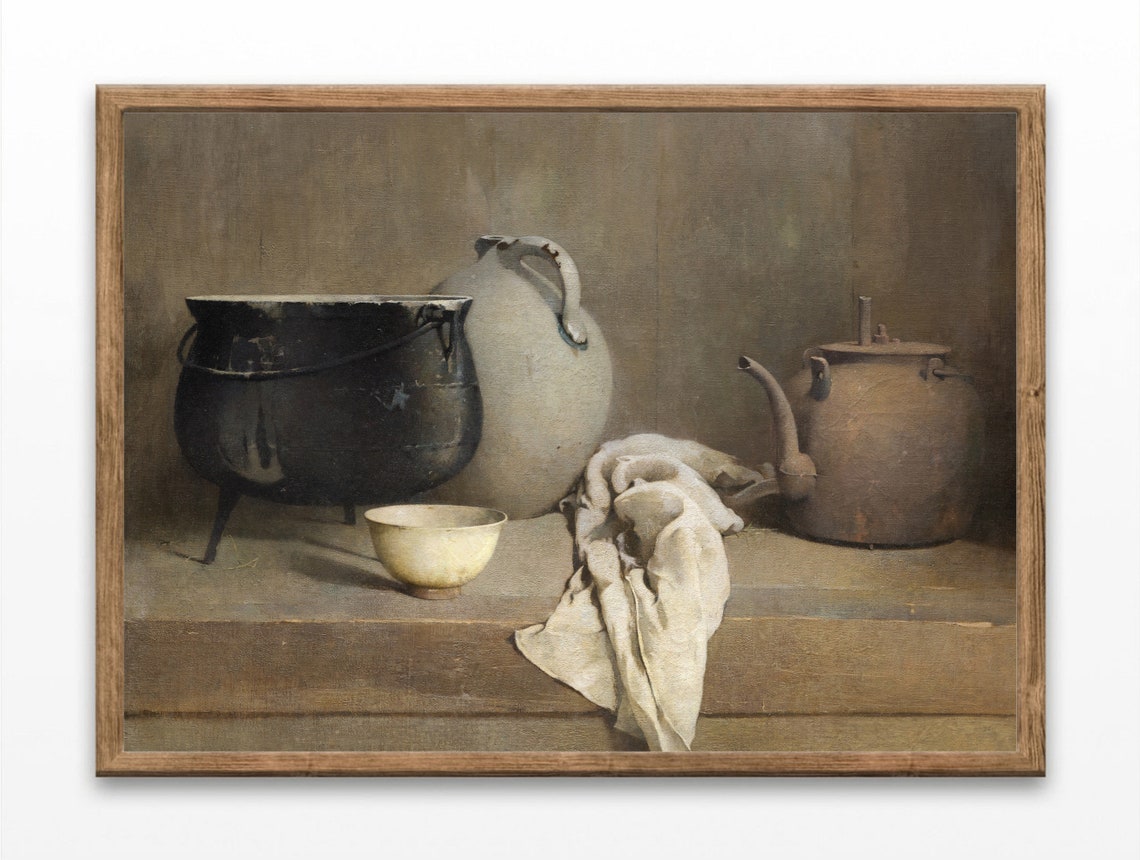 Rustic Kitchen Still Life Vintage Cauldron Jug Kettle Art Print
