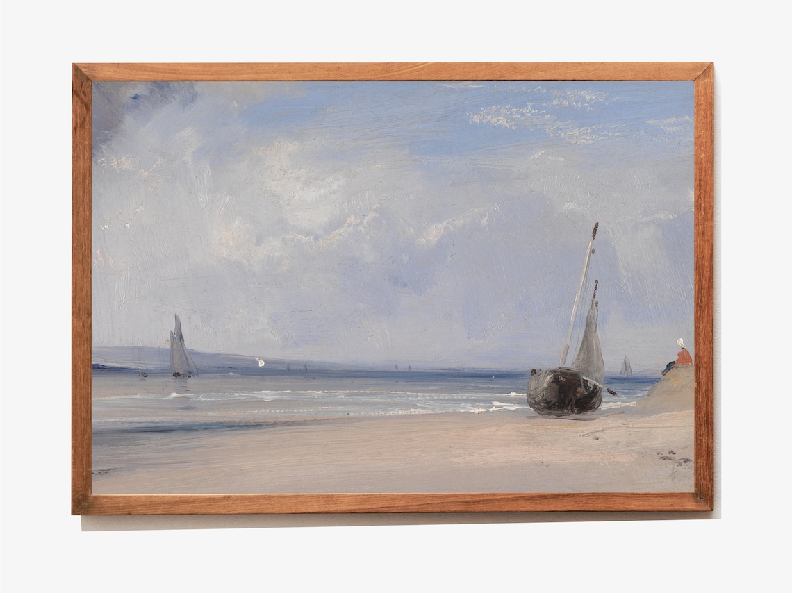 Vintage Coastal Beach Painting Sailboats Sandy Shore Soft Sky Seaside Poster - Image 3