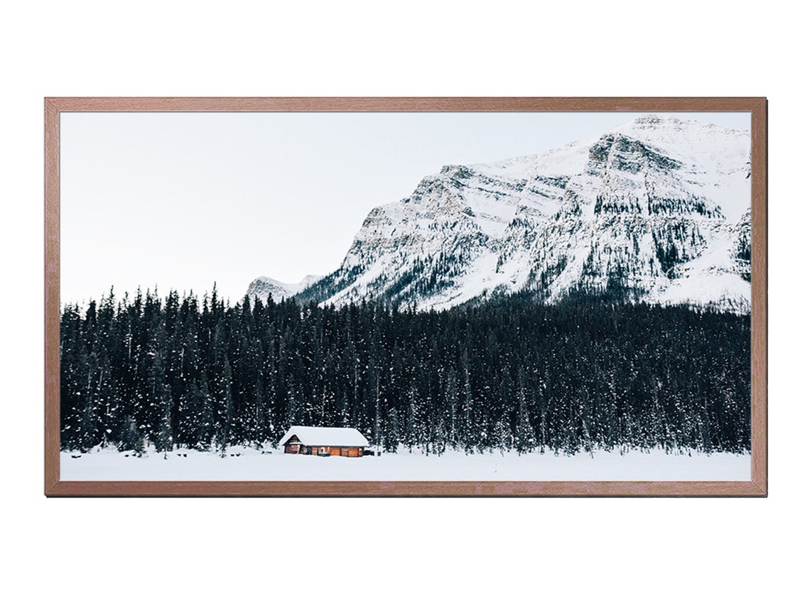 Snowy Alpine Peak Evergreen Forest With Red Cabin Winter Lodge Poster