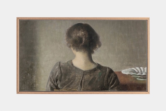 Woman Seen from Behind in Quiet Muted Vintage Interior Art Poster