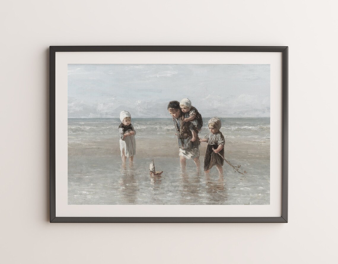 Victorian Children Playing At The Beach Vintage Seascape Oil Painting Poster - Image 3