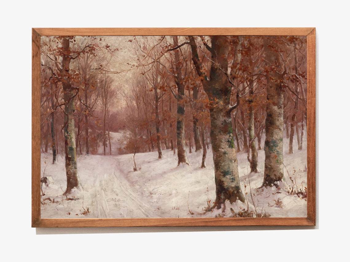 Winter Forest Path Snowy Woods Vintage Trees Painting Art Print - Image 3