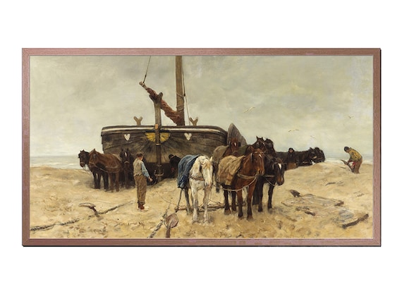 Fishermen With Horses Hauling Boat Onto Beach Vintage Coastal Scene Poster