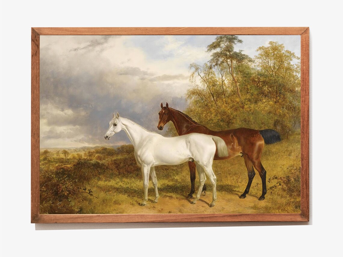 Two Horses Grey And Bay Standing In Golden Field Vintage Art Poster - Image 3