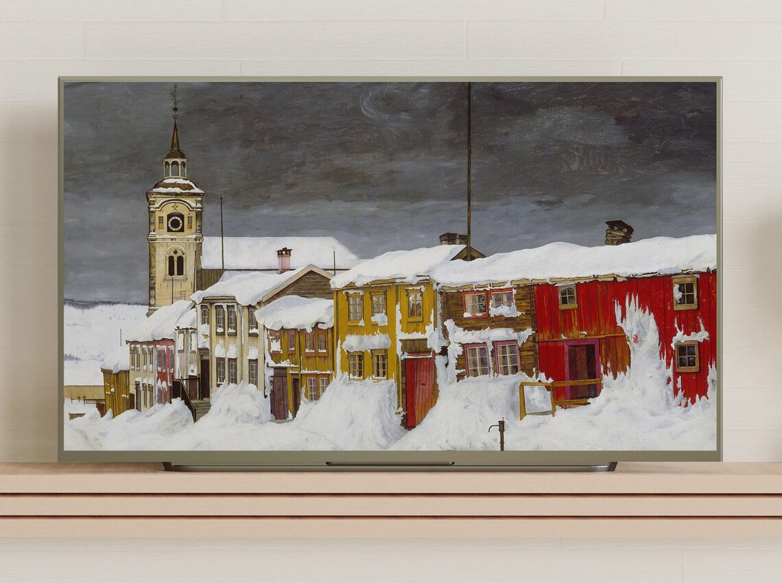 Snow Covered Norwegian Street Colorful Houses Church Tower Art Poster - Image 3