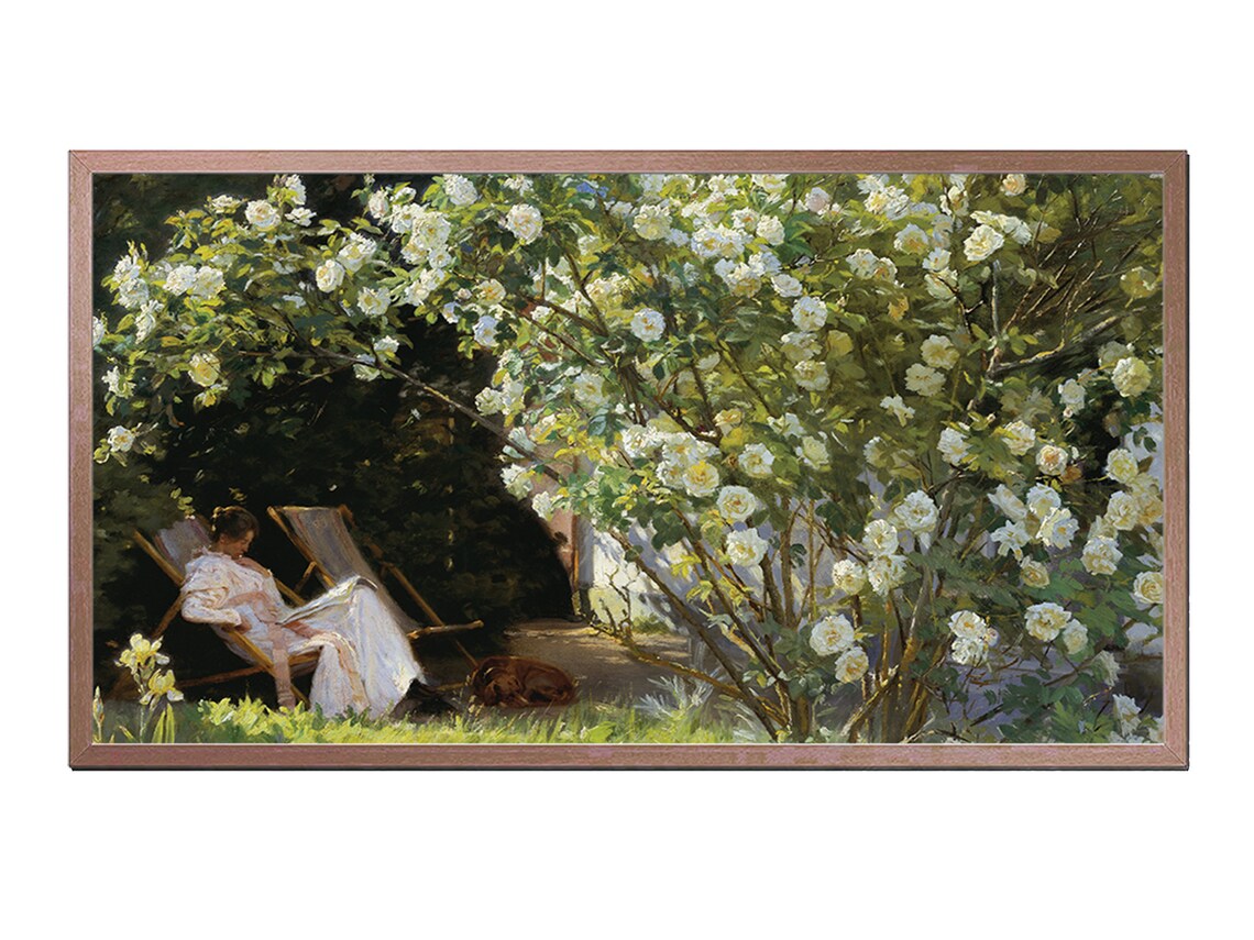 Woman Reading Under White Roses in a Vintage Garden Painting Poster