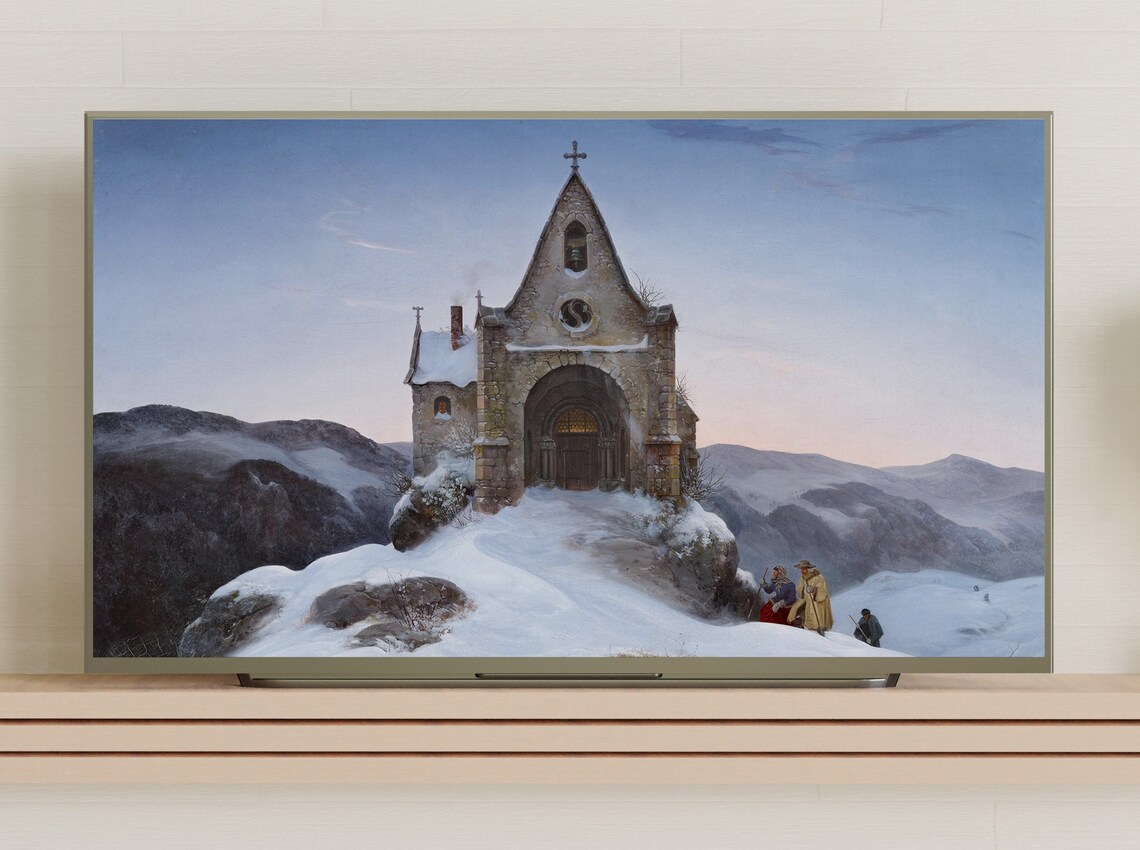 Stone Chapel Snowy Mountain Dusk Travelers Vintage Painting Art Print - Image 3