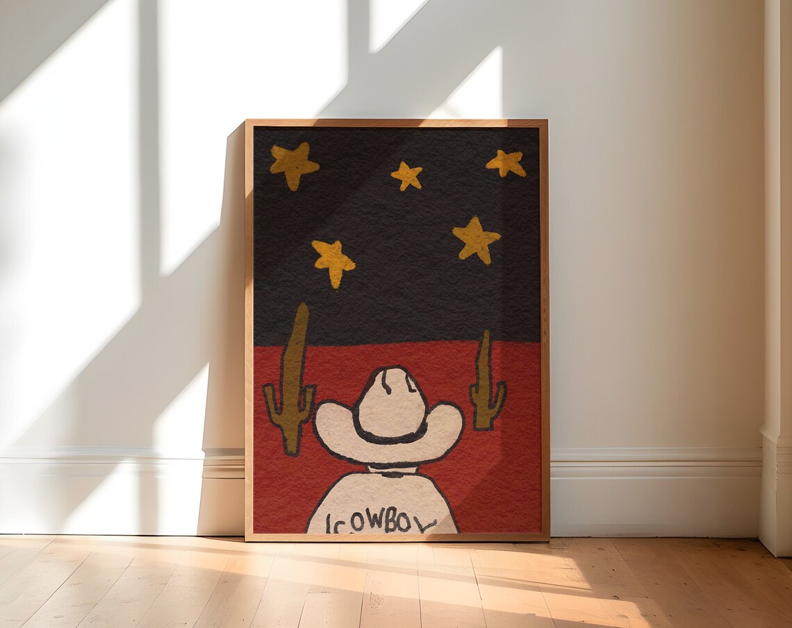 Western Cowboy Hat Stars Cactus Desert Hand Drawn Retro Wall Art - Image 5