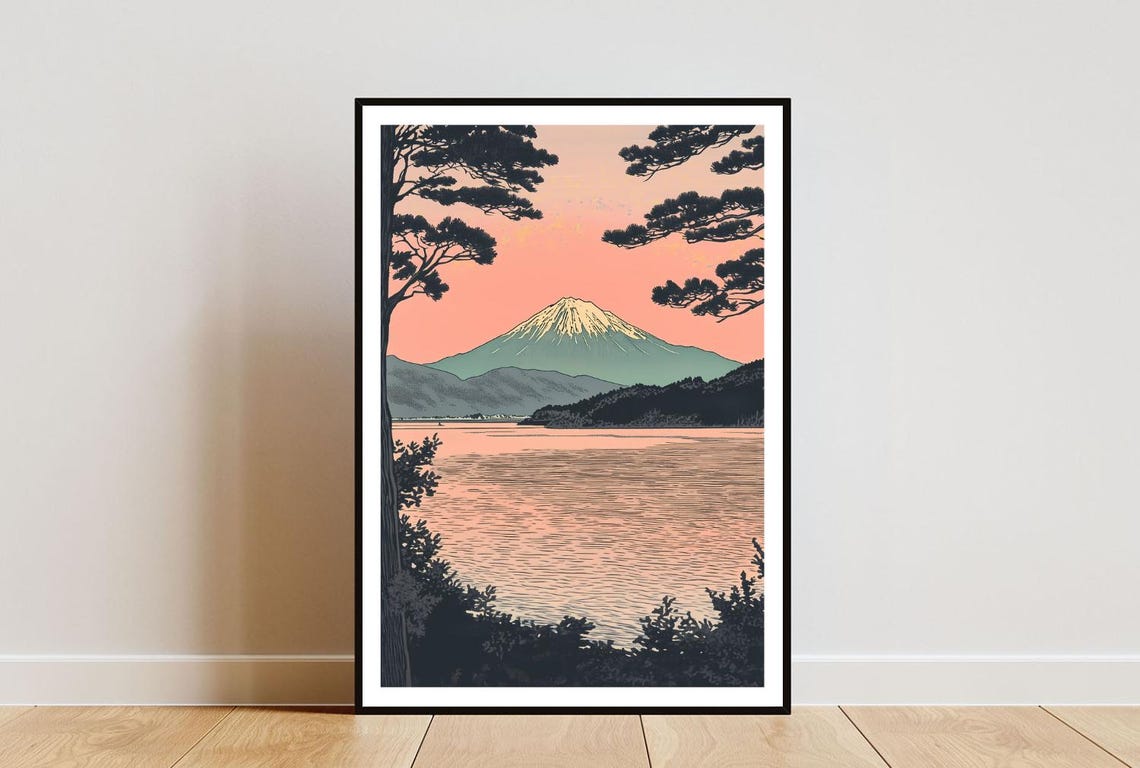 Vintage Mount Fuji Sunset Art Print Japanese Woodblock Wall Decor