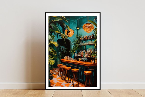 Tropical Cocktail Bar Interior Art Print Lush Retro Bar Wall Decor Style