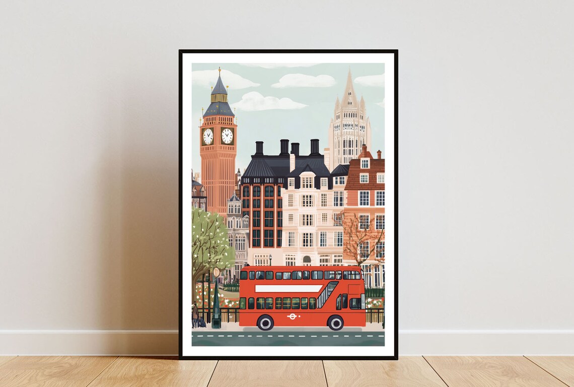 London Big Ben Double Decker Bus City Street Travel Art Poster
