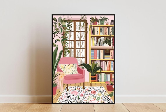 Pink Reading Corner Bookshelf Armchair Plants Illustration Poster