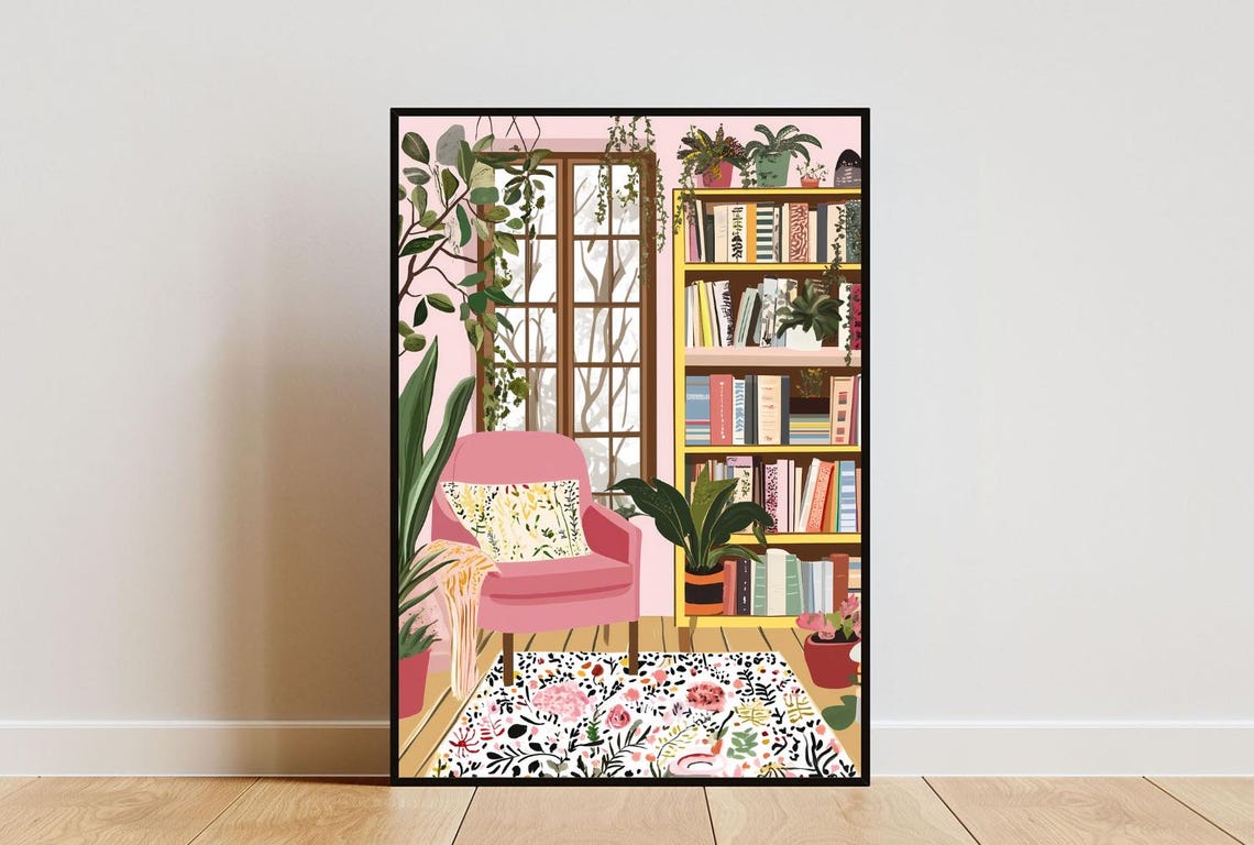 Pink Reading Corner Bookshelf Armchair Plants Illustration Poster