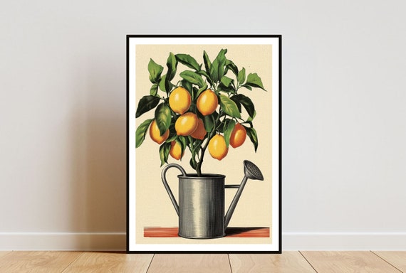 Retro Lemon Poster Kitchen Print Lemon Wall Art Garden Poster Flower Print Lemon Art Kitchen Wall Art Boho Kitchen Decor Pastel Art